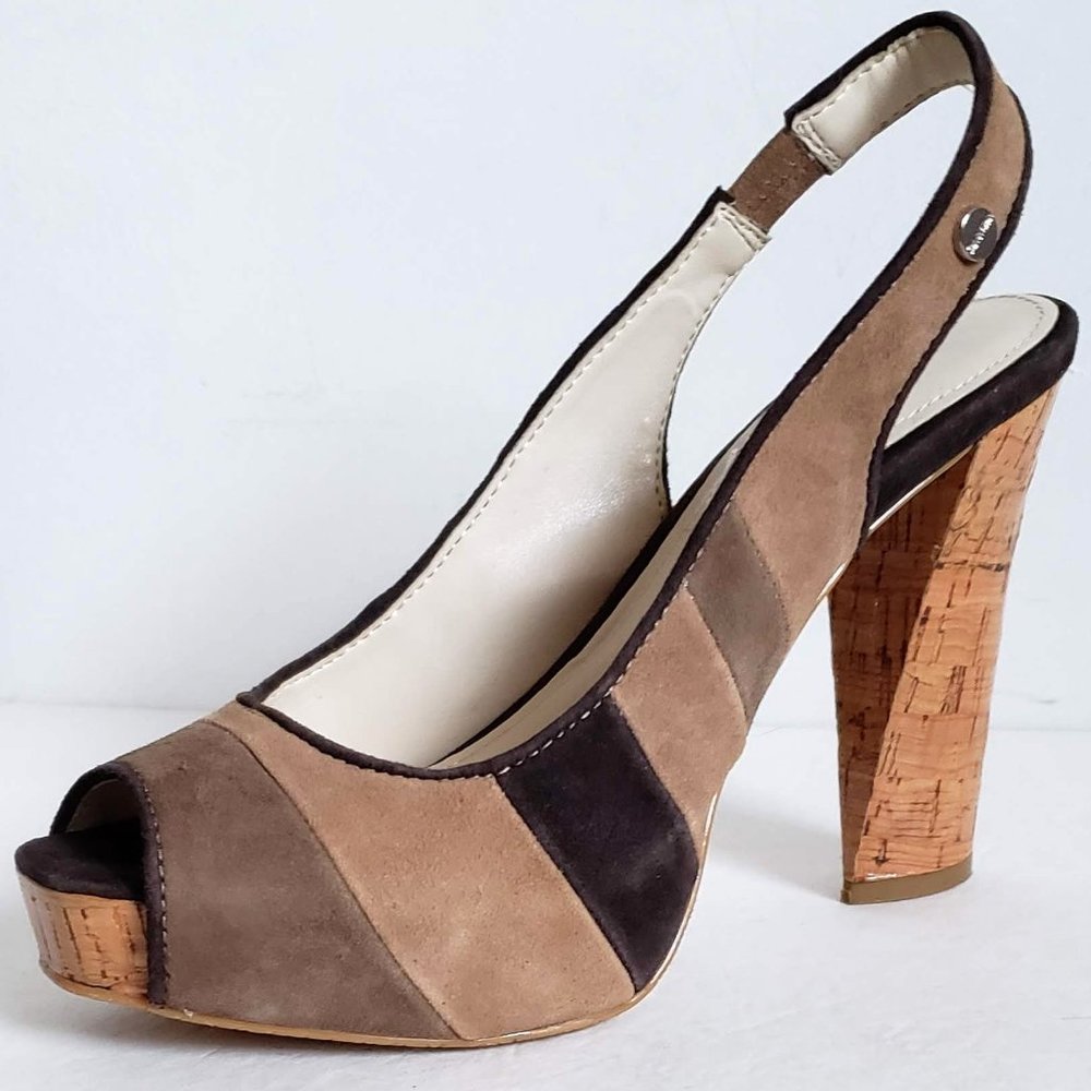 New CALVIN KLEIN Gracie Leather Striped Platform Peep Toe Heels Sandals